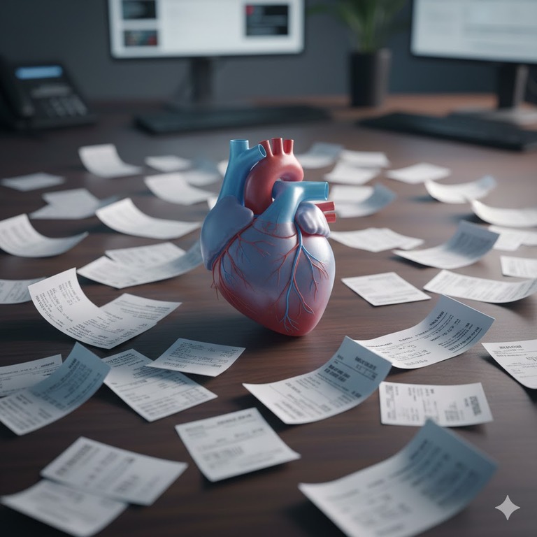 Stylized heart medical illustration with disorganized billing documents and coding icons representing cardiology billing errors