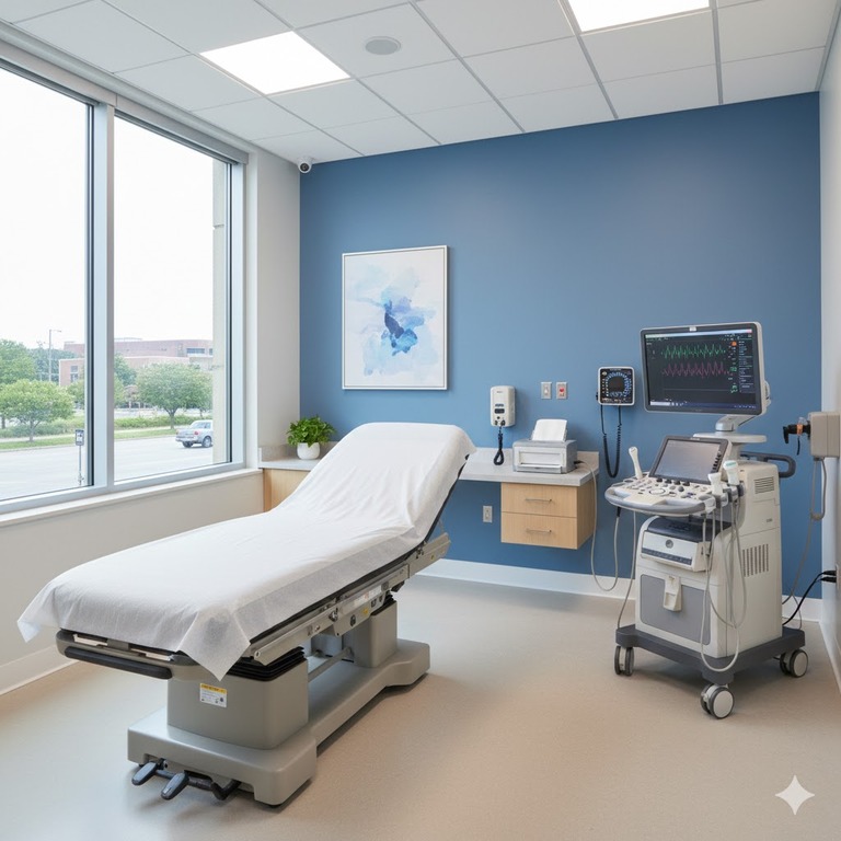 Cardiology exam room equipped with heart monitoring and diagnostic technology