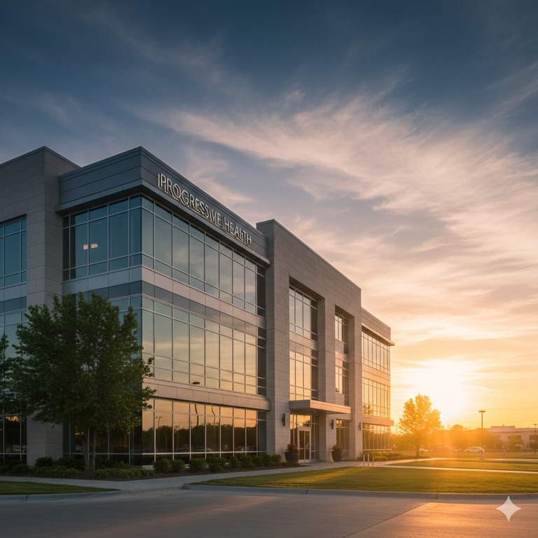 Morning sunlight illuminating a contemporary healthcare facility exterior