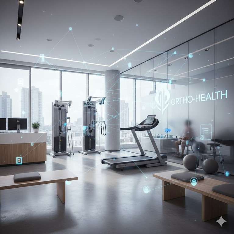Contemporary orthopedic clinic space with mobility equipment and abstract digital network elements
