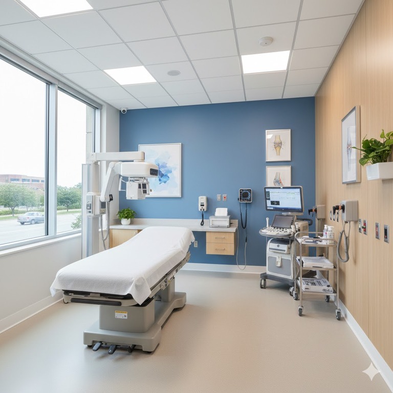  Orthopedic clinic interior featuring exam areas and diagnostic equipment