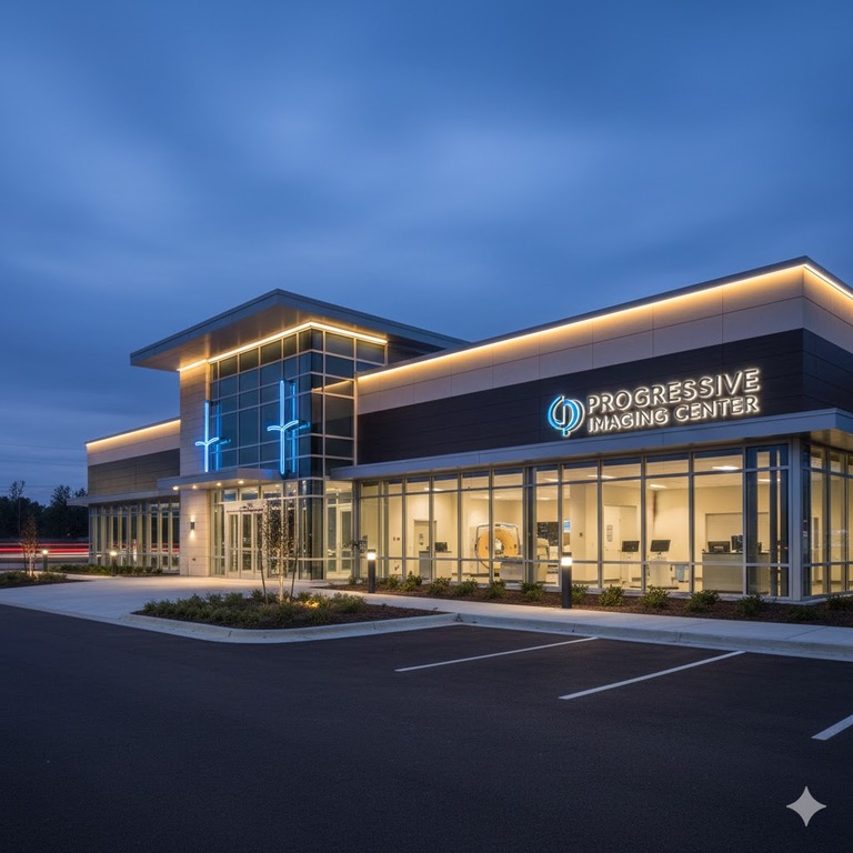 Contemporary radiology center building exterior during evening hours