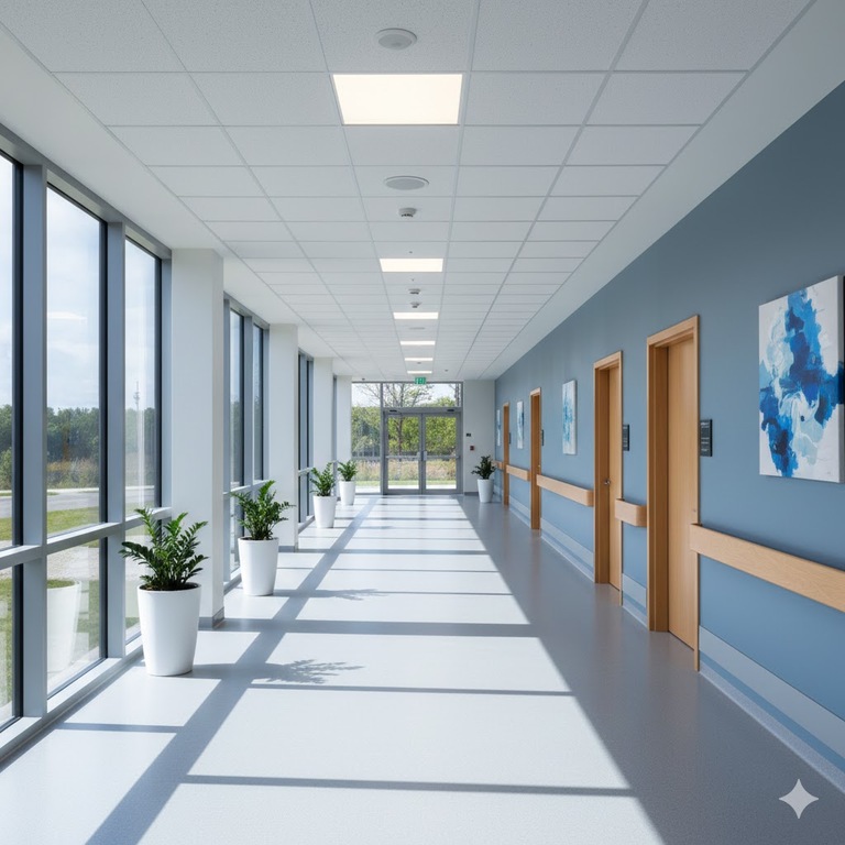Sunlit corridor in a contemporary healthcare center symbolizing progress and next steps