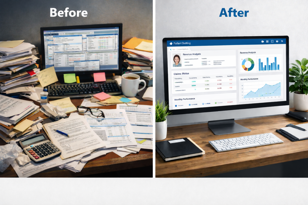 Before and after comparison of medical billing workflow showing disorganized setup versus streamlined digital system