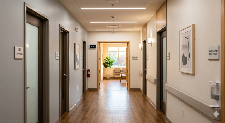 Bright clinic hallway leading toward an open doorway symbolizing next steps
