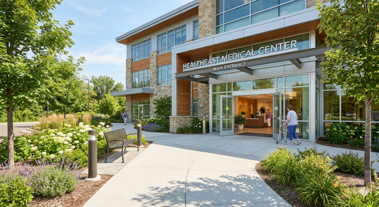 Sunlit path leading to a healthcare facility entrance symbolizing moving forward