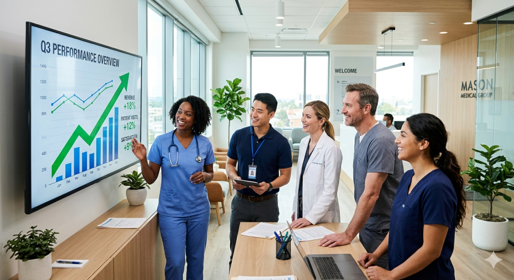 Healthcare team reviewing rising performance metrics in a modern clinic setting