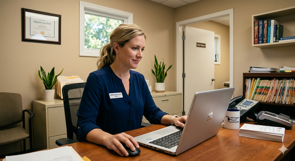 Independent healthcare provider managing patient files on a computer in a small clinic office.