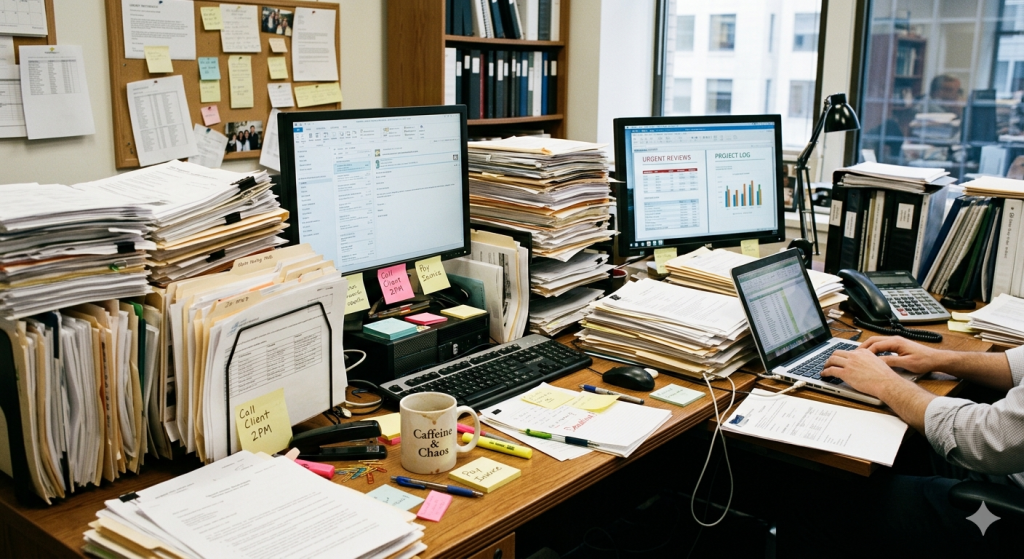 Overwhelmed workspace with billing documents and financial charts illustrating hidden operational costs
