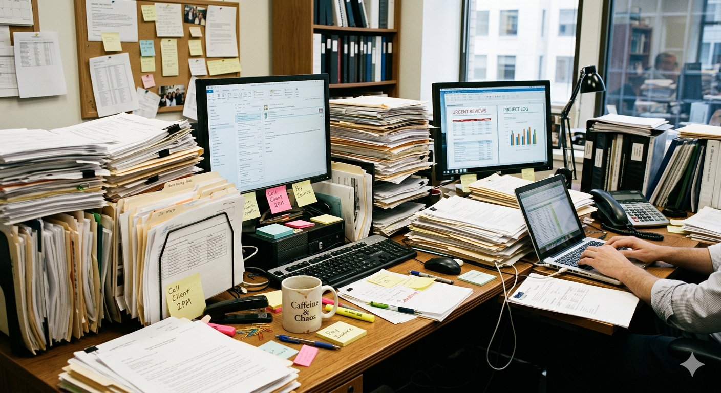 Overwhelmed workspace with billing documents and financial charts illustrating hidden operational costs