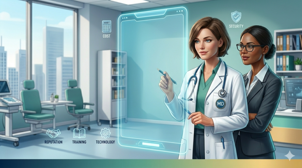 A female doctor in a white lab coat standing next to a professional business woman in a modern medical office, looking at a futuristic digital tablet interface with icons for cost, security, reputation, and technology.