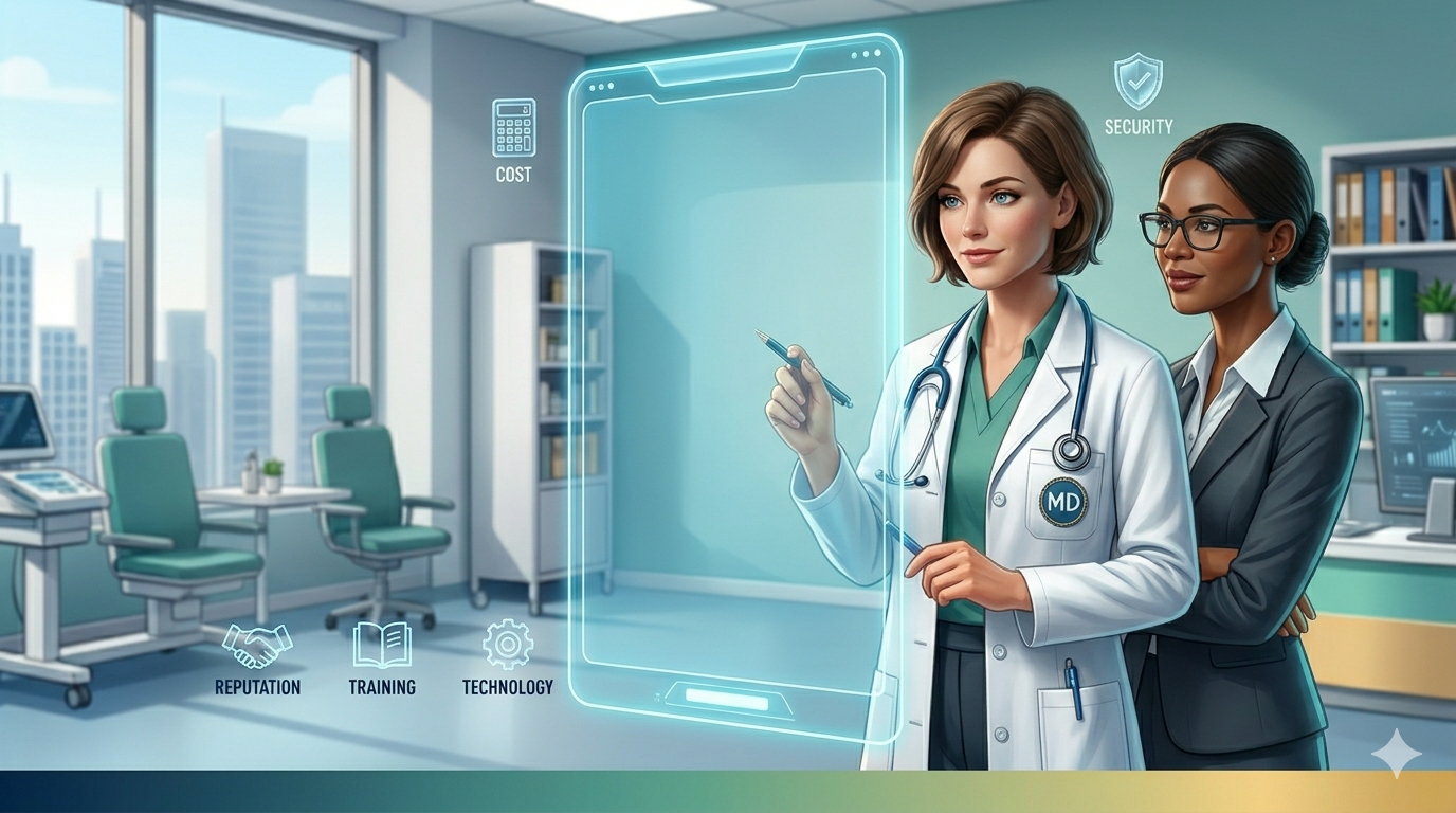 A female doctor in a white lab coat standing next to a professional business woman in a modern medical office, looking at a futuristic digital tablet interface with icons for cost, security, reputation, and technology.