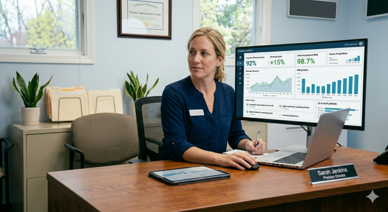 Healthcare provider reviewing digital analytics dashboard for practice performance and planning.