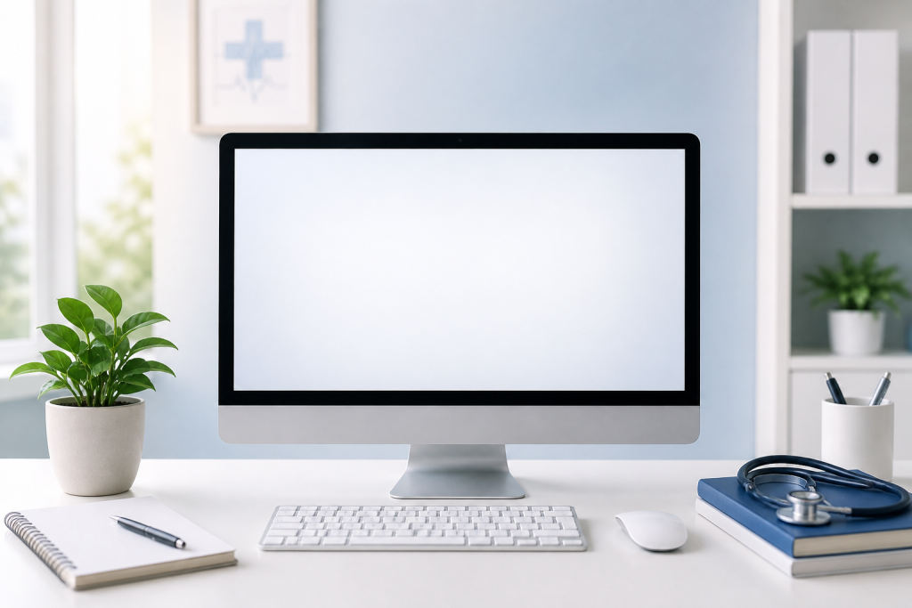 Minimalist virtual workspace with computer and neutral screen in a clean healthcare office
