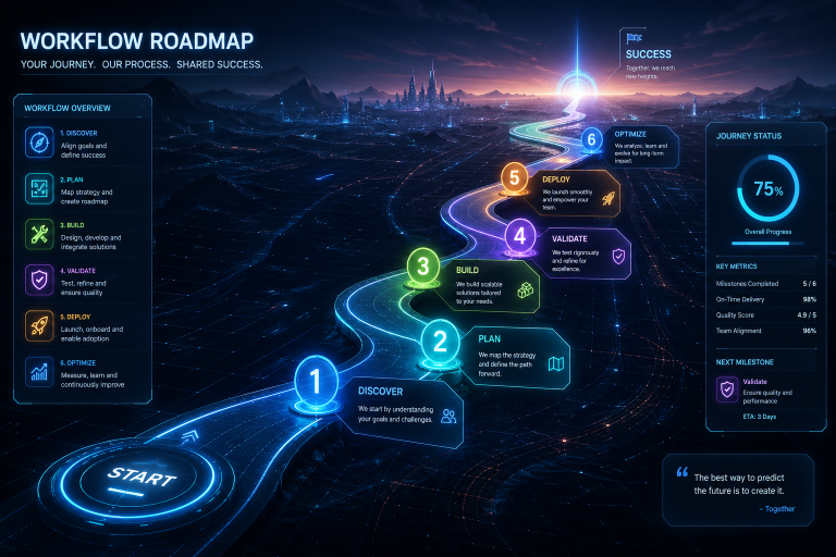Futuristic digital roadmap interface showing a forward-moving workflow with connected milestones and progression indicators