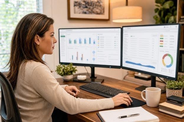 Revenue cycle specialist reviewing anesthesia billing data and claim status at an individual workstation