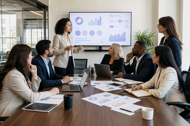 Practice leadership and billing staff discussing gynecology revenue cycle strategy in a conference room