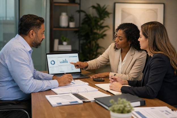 Billing team reviewing claim workflow for a women's health practice in a private office