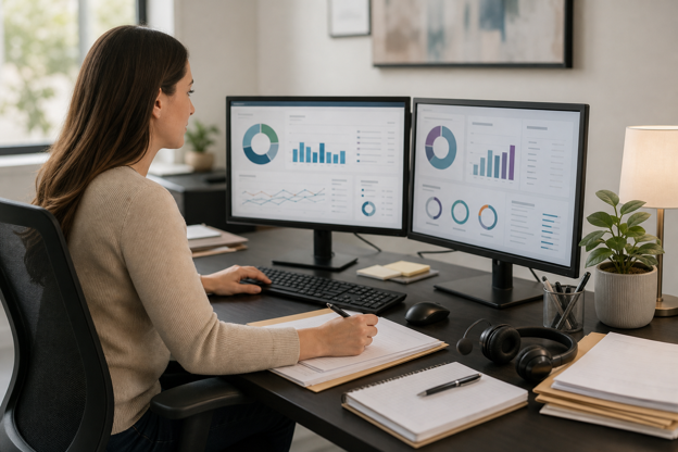 Revenue cycle specialist managing gynecology claims from a private administrative workstation