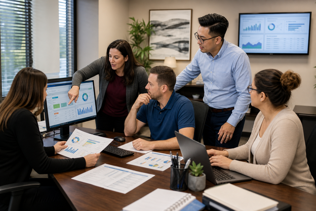 Billing team reviewing internal medicine claim workflow in a private administrative office