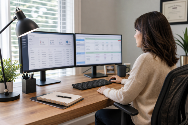 Individual billing specialist checking eligibility and claim status at a desk workstation