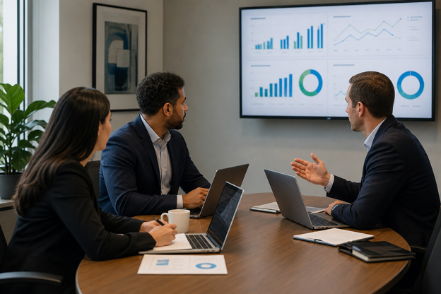 Small business meeting focused on internal medicine revenue cycle reporting and denial trends