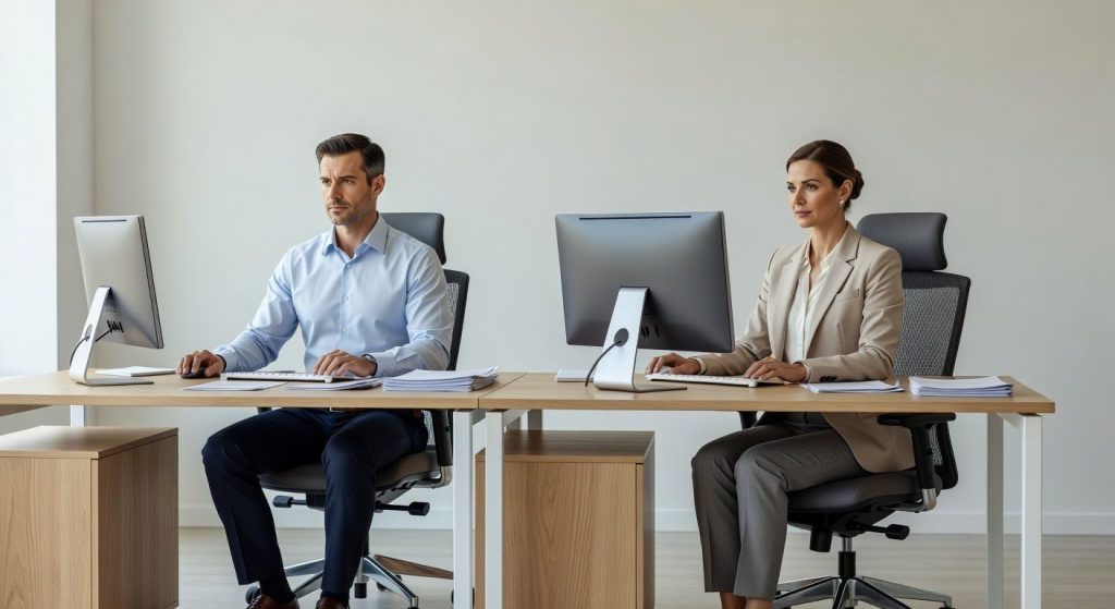 Two medical billing specialists at modern desks with dual monitors in a bright, professional private office