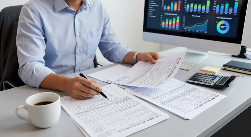 Billing specialist hands reviewing printed claim forms and insurance documents on a modern office desk with revenue cycle dashboard on screen