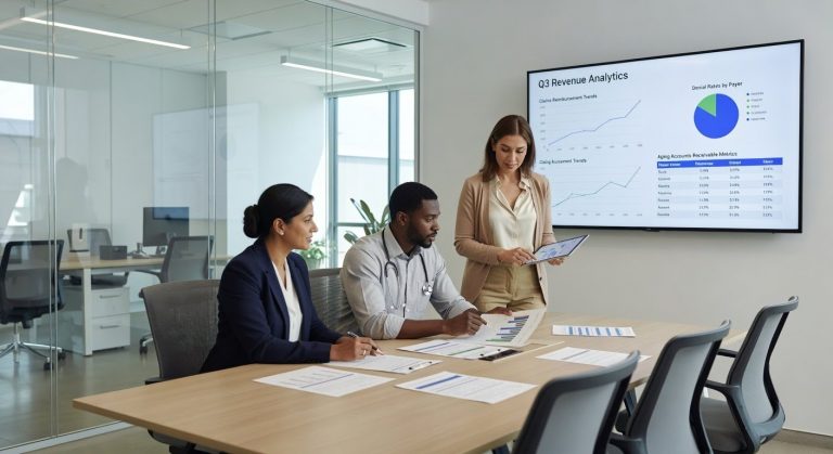 Three diverse billing professionals in business casual attire collaborating around a conference table with financial analytics on a wall screen