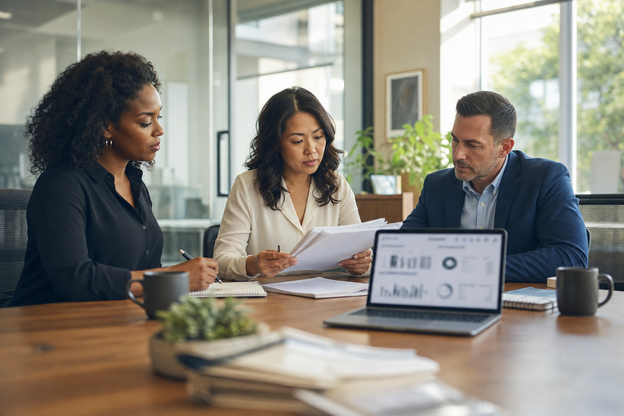 Business team discussing a documentation improvement plan in a private conference room