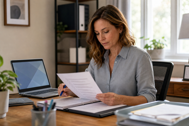 Billing professional reviewing secure workflow notes at a private administrative workstation