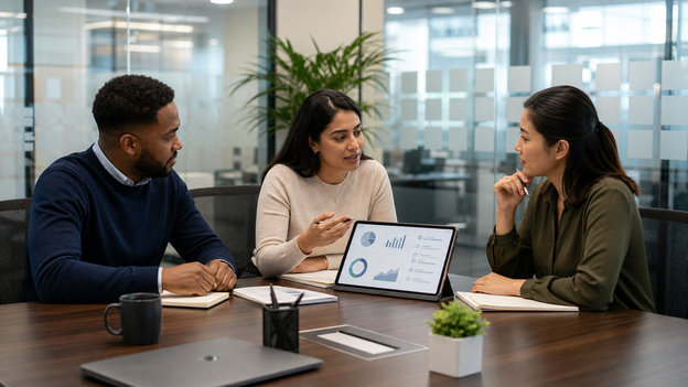 Business team discussing an audit action plan around an abstract dashboard in a private conference room.