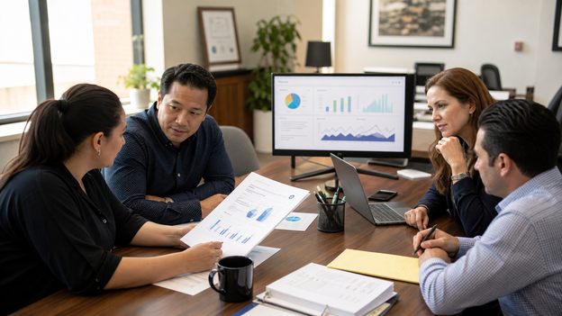Billing administration team reviewing audit scope documents and an abstract trend dashboard in a private office.