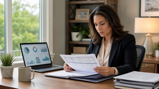 Billing operations professional reviewing non-identifying workflow documents at a private workstation.