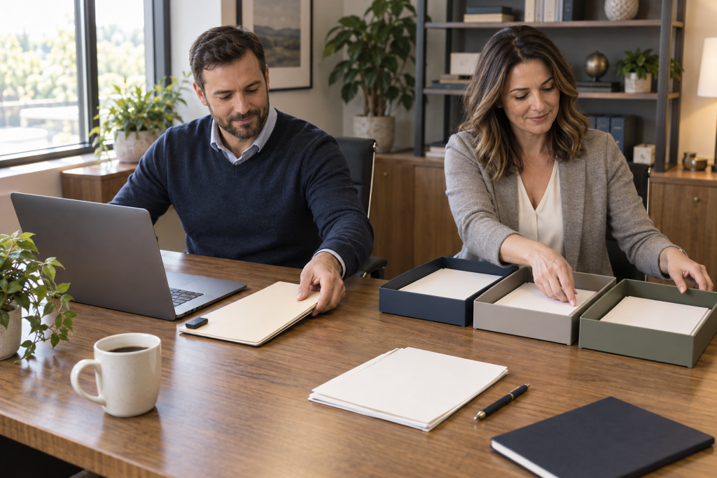 Two billing administrators organizing Federal IDR dispute folders at a desk in a private office.