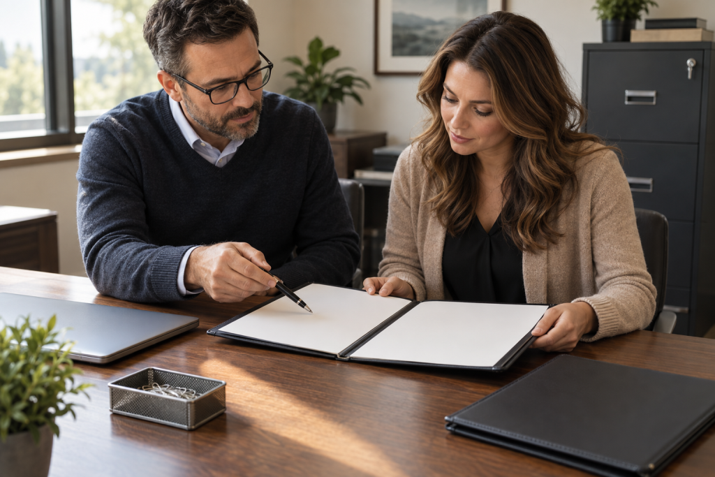 Two billing administrators reviewing an agreement at a private office desk.