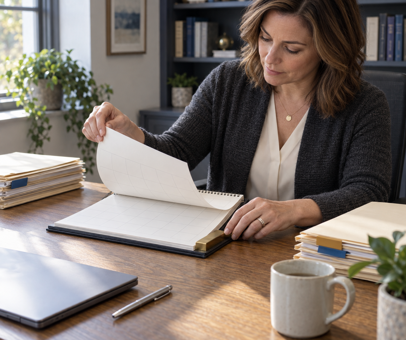 Billing manager checking an October date on a desk calendar in a private administrative office