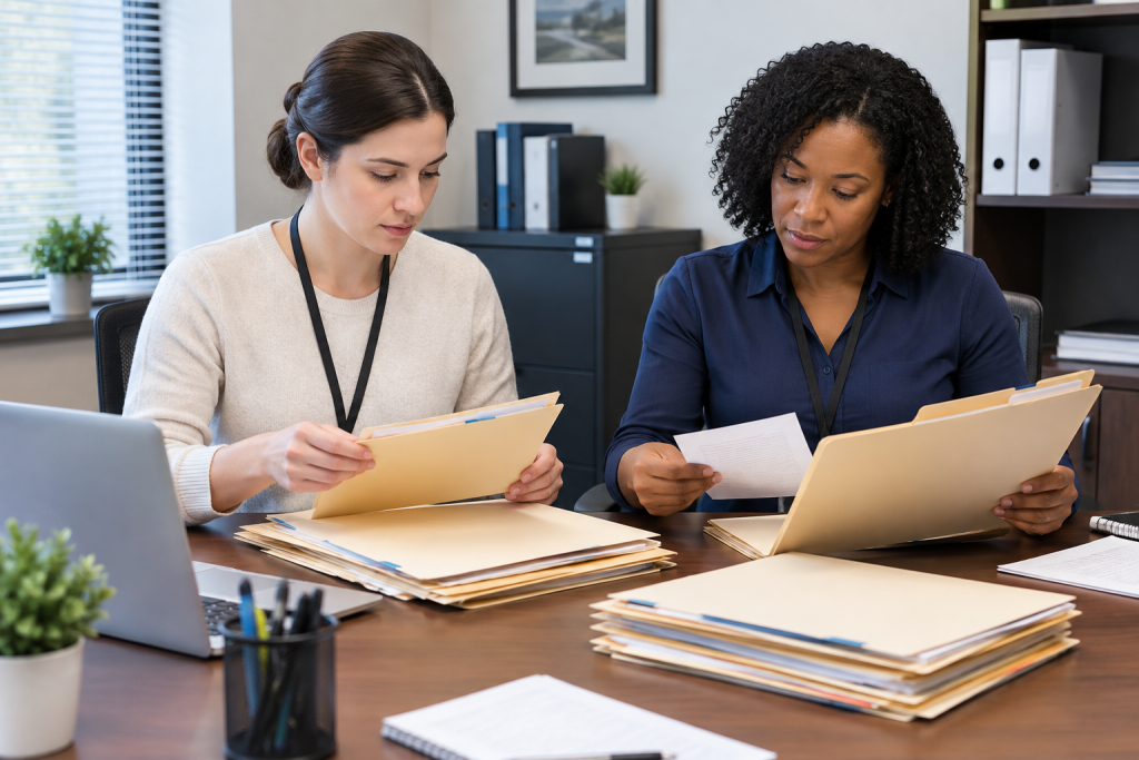 Two billing specialists reviewing insurance folders and patient coverage information at a desk in a private office.
