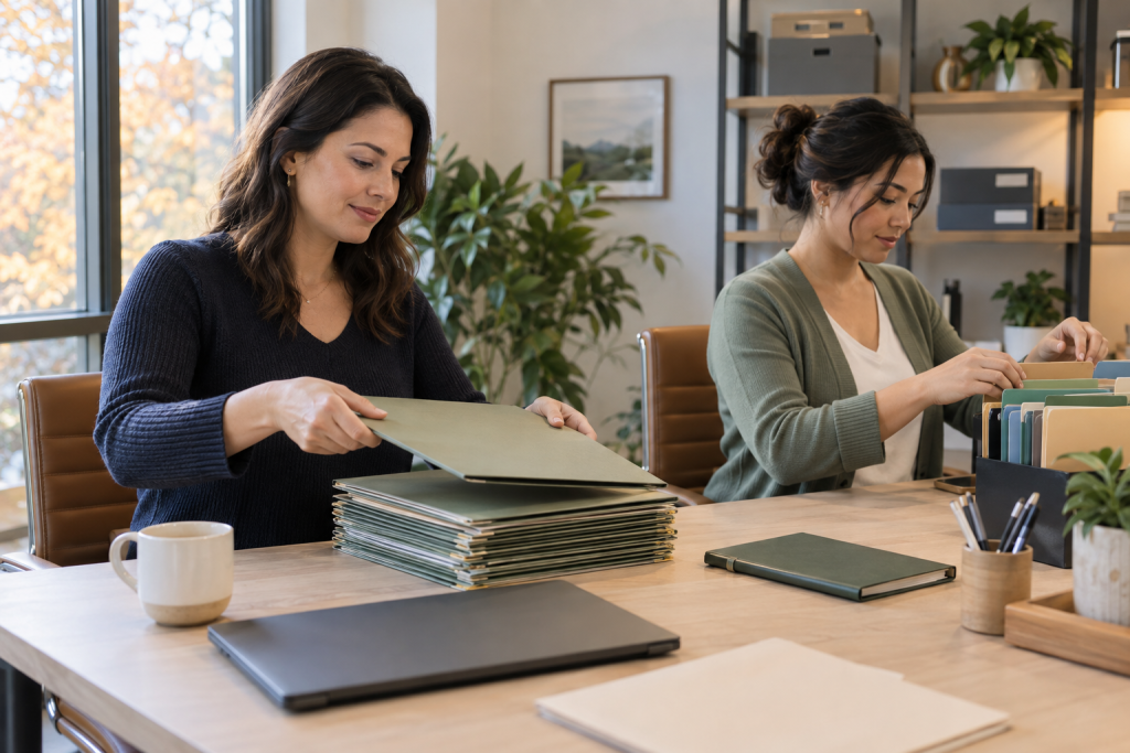 Two billing specialists organizing folders at a desk in a private business office
