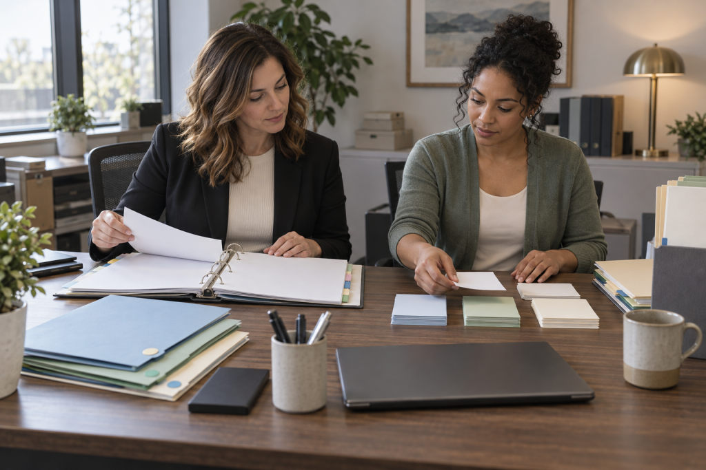 Two billing specialists sorting folders at a desk in a private business office