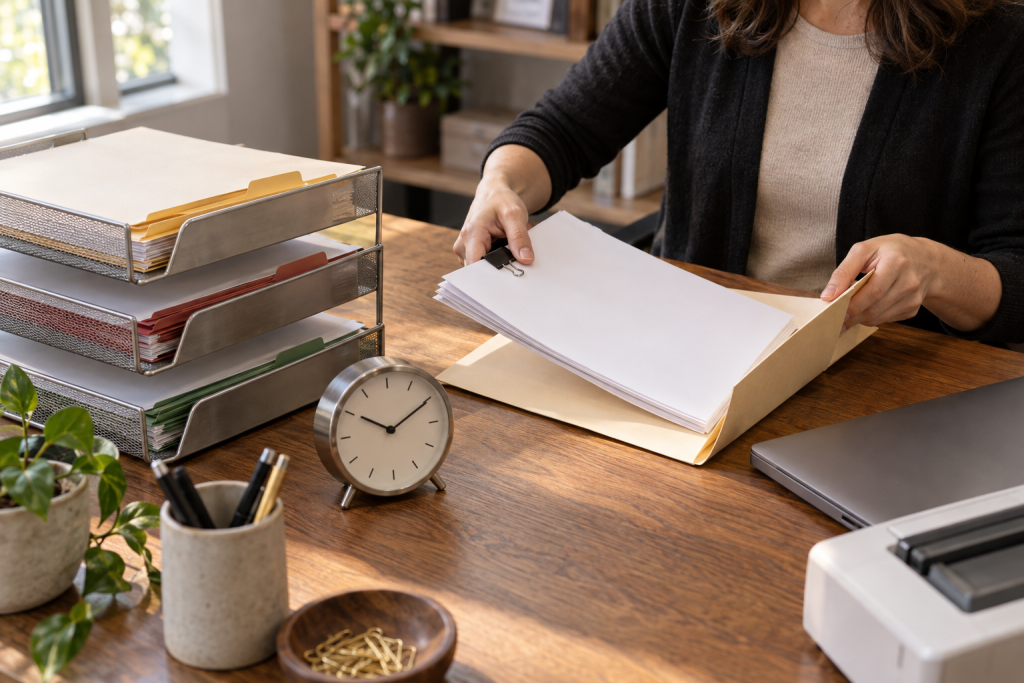 Billing specialist sorting dispute folders and organizing deadline documentation at a private office desk.