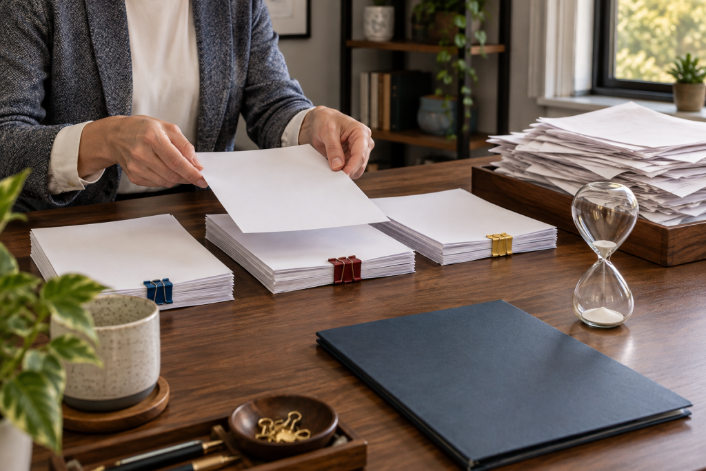 Billing analyst sorting document batches beside an hourglass in a private office