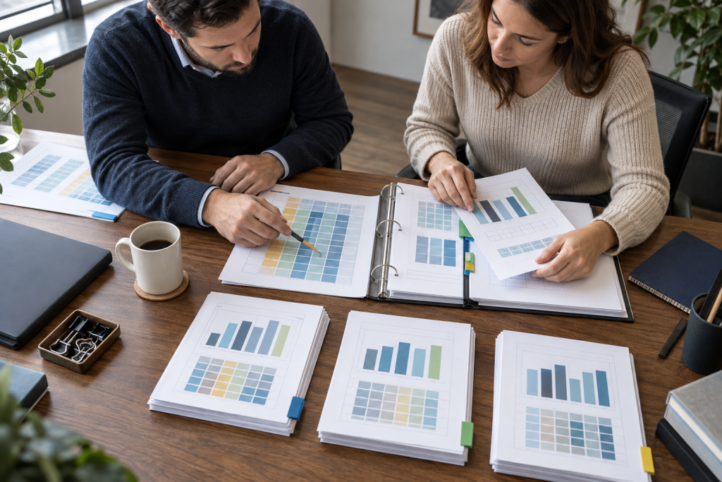 Two billing analysts comparing financial documents in a private business office