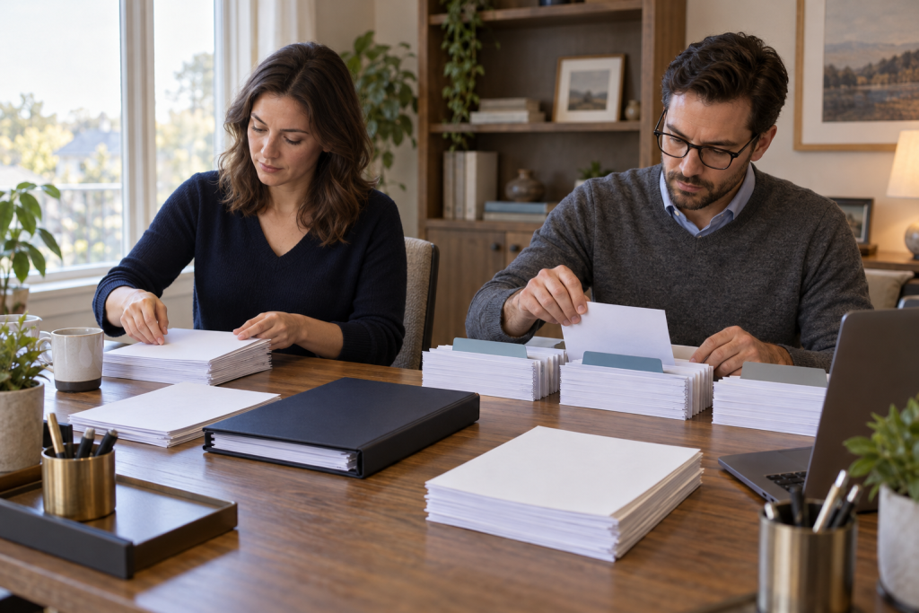 Two billing analysts sorting payment records at a private home-office desk