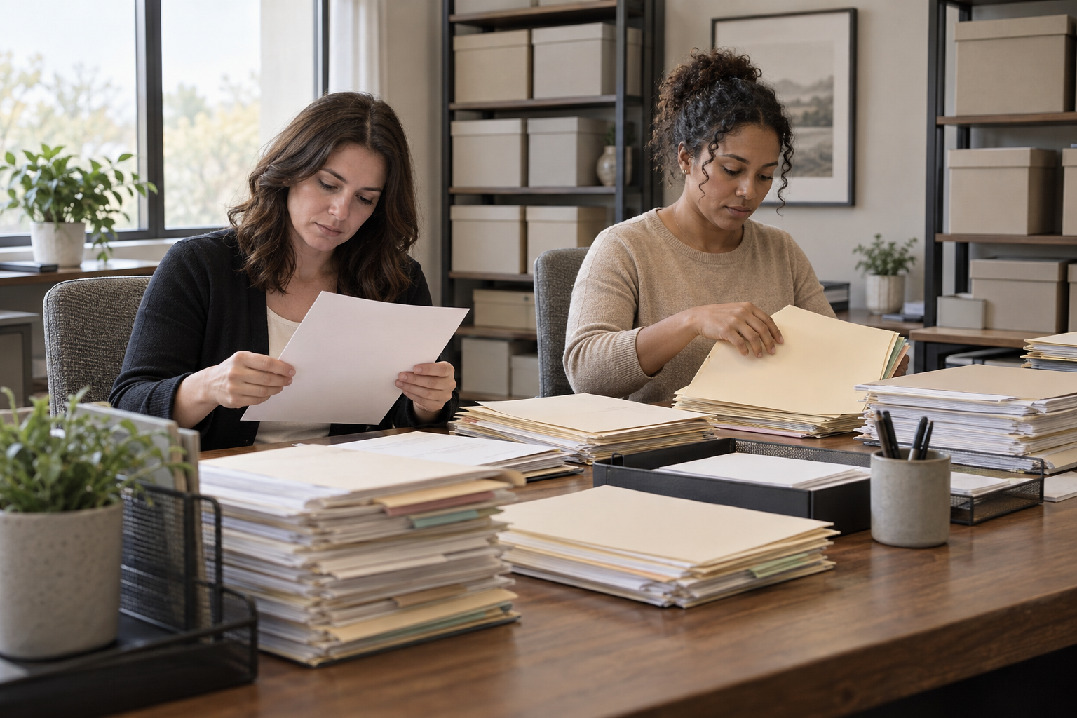 Two medical billing analysts reviewing Federal IDR dispute documents in an office