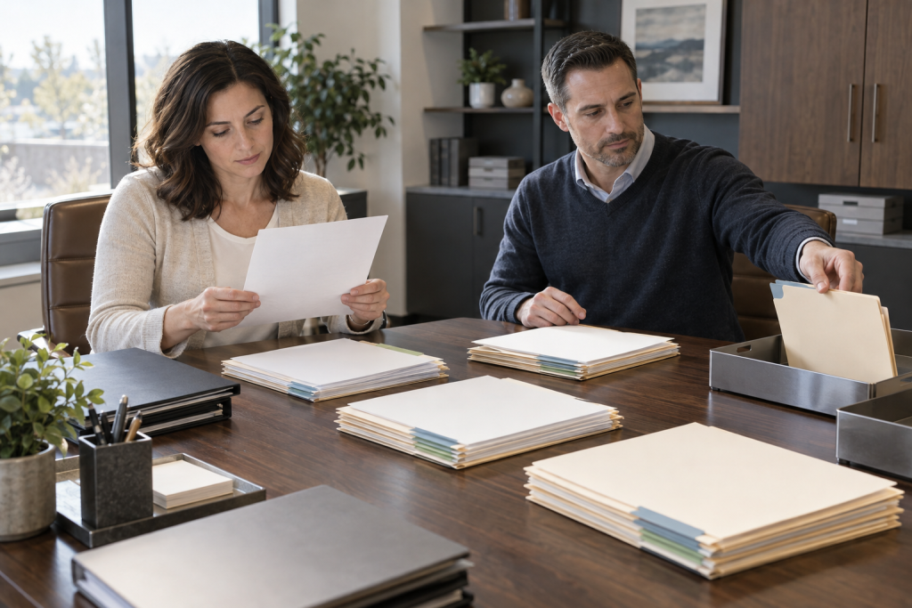 Two medical billing analysts sorting dispute folders in a private business office