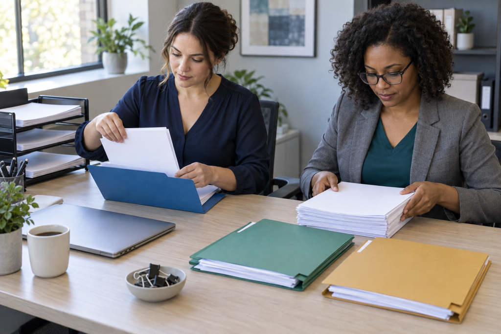Medical billing specialists organizing patient balance documents in a private office.