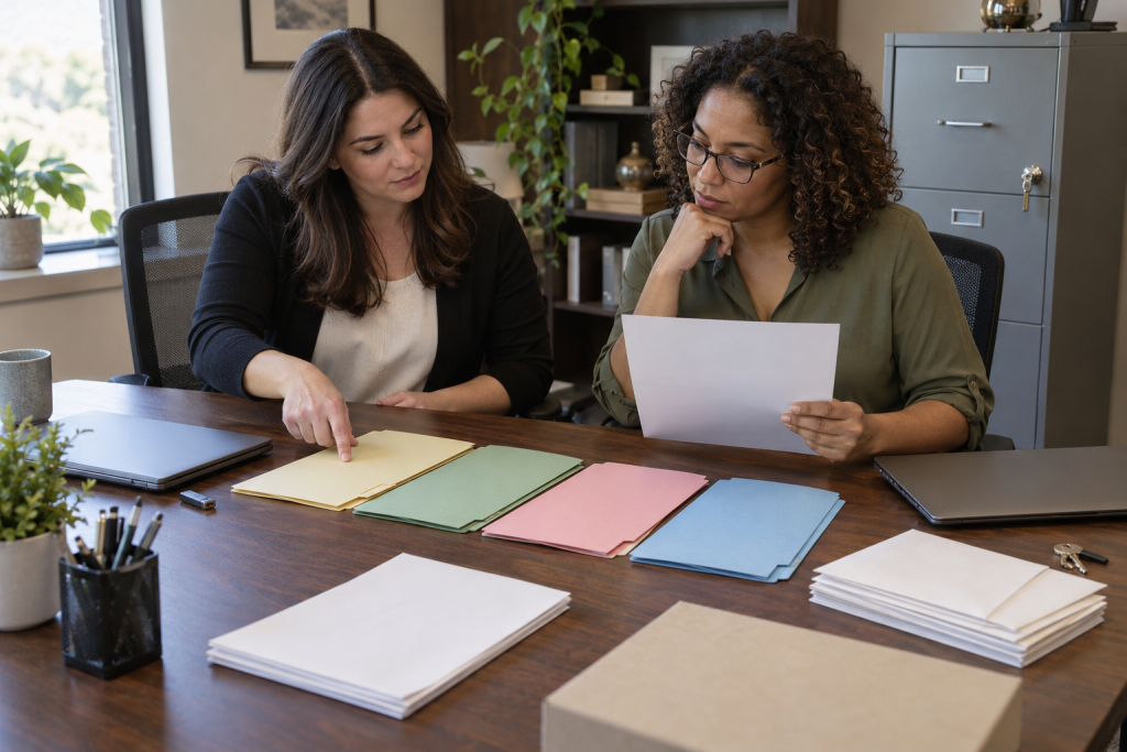 Two billing specialists reviewing paperwork related to billing workflow and information accuracy.