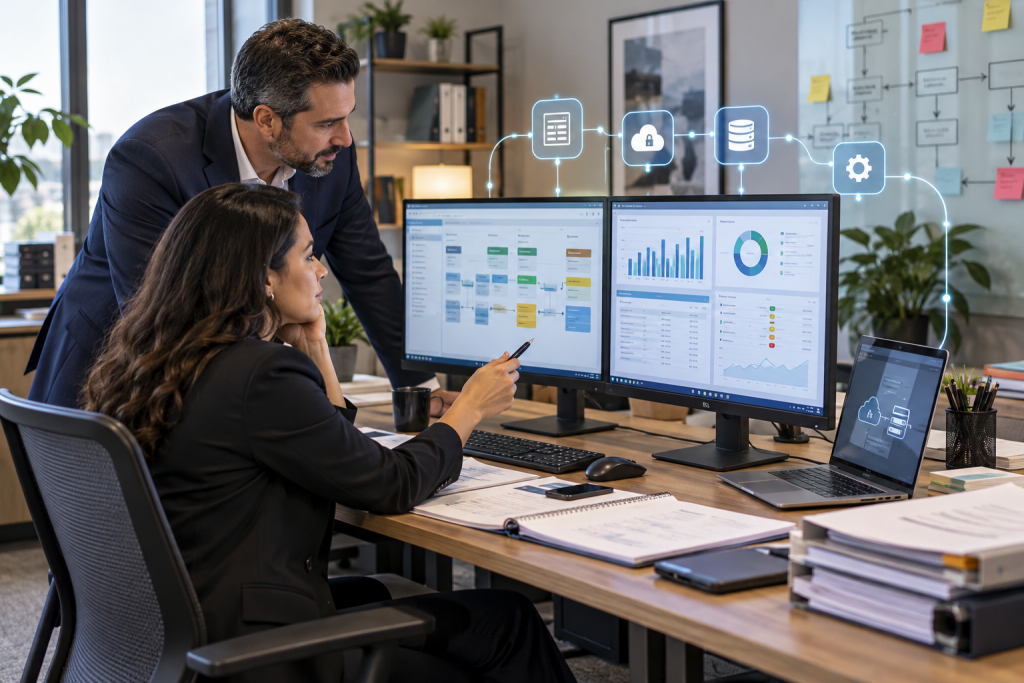 Two billing specialists reviewing an EHR and practice management workflow on a computer.
