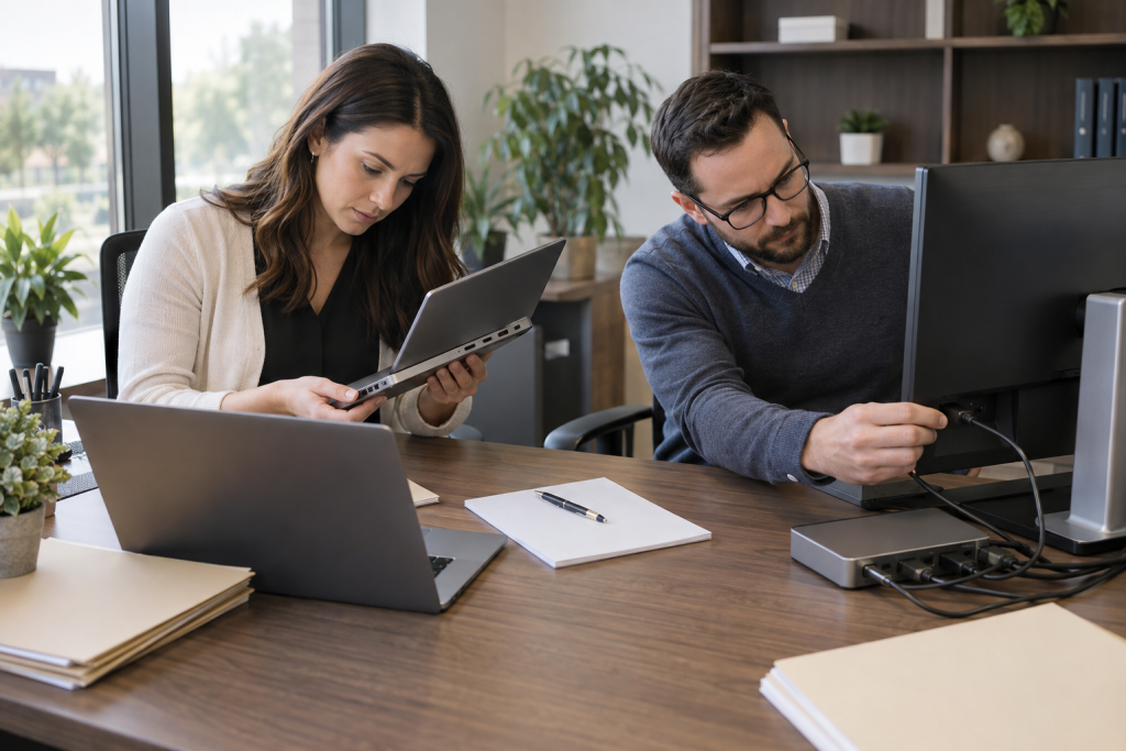 Two billing specialists reviewing documents related to RCM implementation and system compatibility.